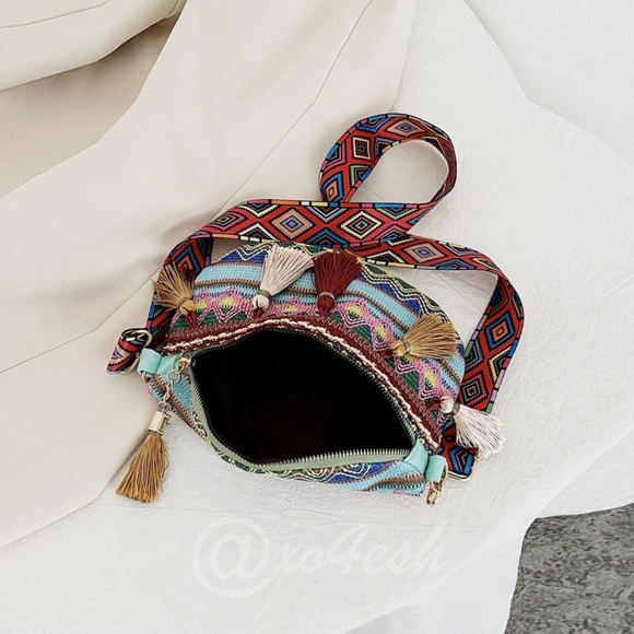 Boho Embroidered Fanny Pack Style Crossbody Bag with Tassels - Picture 7 of 16